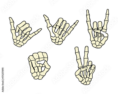 Vector Collection of skeleton hands showing various gestures on white background