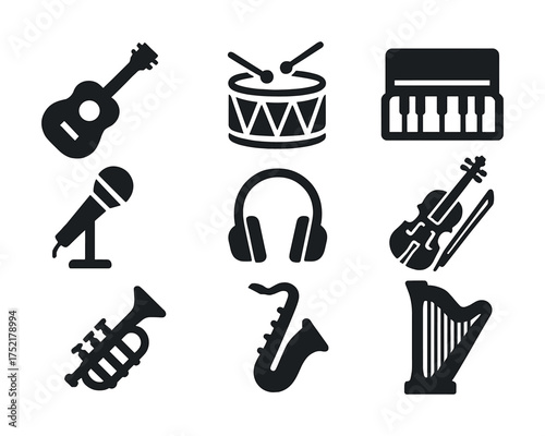 Vector Musical instrument icons featuring guitar, drum, piano, microphone, headphones, violin, trumpet, saxophone, harp