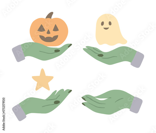 Vector Collection of halloween symbols: pumpkin, ghost, star held by green hands on white background