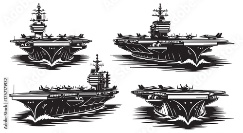 Four detailed illustrations of aircraft carriers sailing on the water, viewed from the front isolated on transparent background