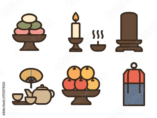 Vector Traditional japanese offerings and tea set icons including candle and dango