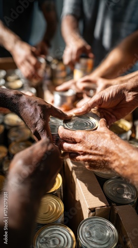 hands of diverse volunteers stacking canned goods at a community food drive, cooperative effort for charity and relief, busy scene of volunteers sorting aid in a warehouse, food bank nonprofit charity