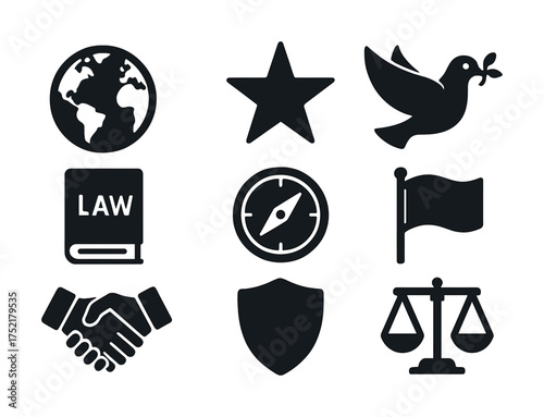 Vector Icon set featuring earth, star, dove, law book, compass, flag, handshake, shield, scales