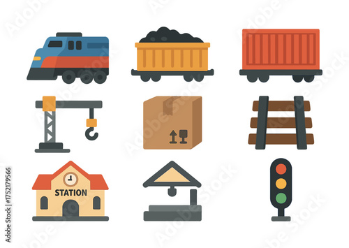 Vector Colorful train transport icons including cargo, station, and signal elements