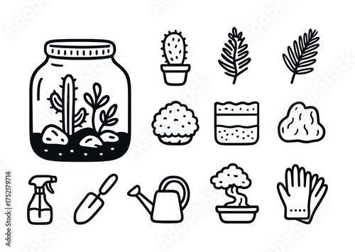 Vector Hand-drawn terrarium and gardening tools with plants and leaves on white background