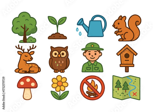Vector Nature icons collection: ranger, wildlife, plants, and camping symbols