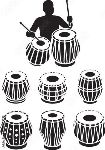 Indian Tabla Drum Set with Musician Silhouette for Cultural Performance Art