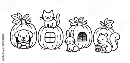 Vector Cute animals in pumpkins: dog, cat, rabbit, squirrel line art