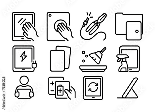 Vector Tablet icons for charging, cleaning, and usage in line art design