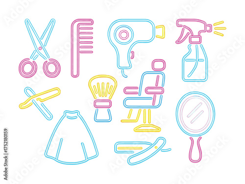 Vector Neon barber shop essentials: scissors, comb, hairdryer, and more in vibrant colors