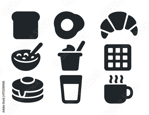 Vector Breakfast icons: toast, egg, croissant, cereal, yogurt, waffle, pancakes, juice, coffee