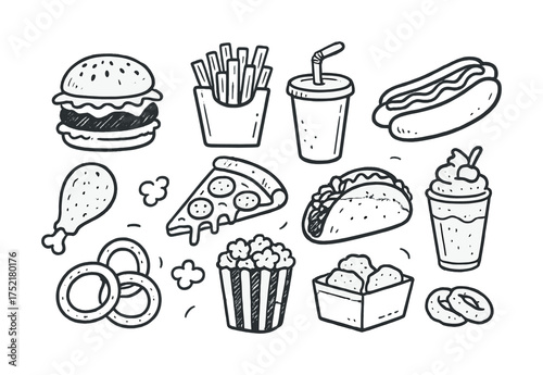 Vector Hand-drawn fast food icons including burger fries pizza and soda in black and white
