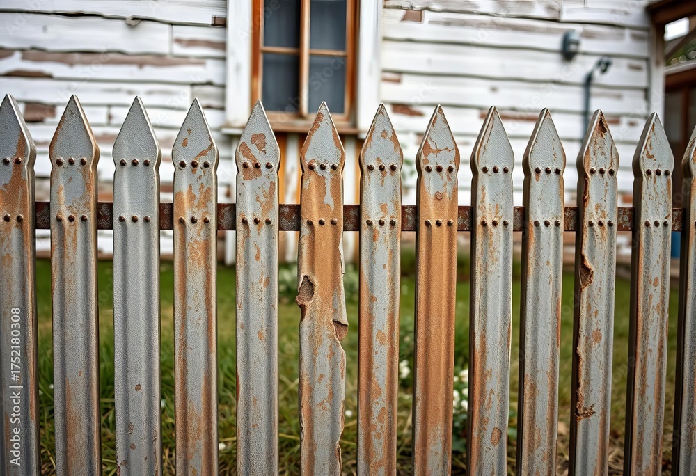 Obraz premium Weathered zinc fence against an old house, showing texture and patina, zinc sheet, farm