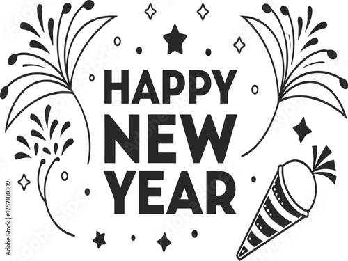 Happy new year greeting with fireworks and party popper festive celebration design