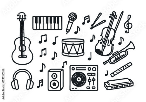 Vector Musical instruments collection with guitar, keyboard, violin, drum, and more