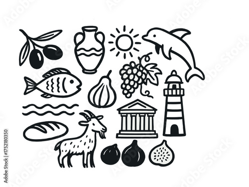 Vector Symbols of greek culture: olive, fish, lighthouse, dolphin, grapes, goat, jug, bread, temple, sun