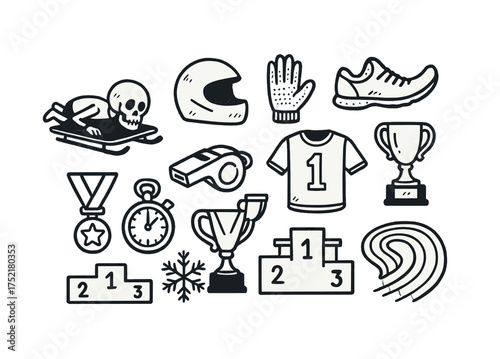 Vector Winter sports icons: skeleton, helmet, trophy, medal, podium, stopwatch