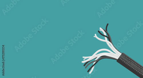 Close up of a frayed electrical wire with exposed strands.