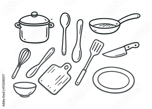 Vector Hand-drawn kitchen utensils collection: pots, spoons, pans, and cutting board
