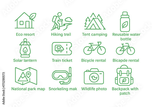 Vector Outdoor adventure icons: eco resort, hiking, camping, sustainable travel gear