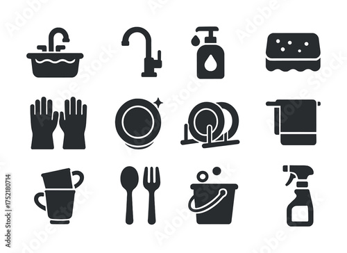 Vector Kitchen cleaning icons: faucet, soap, sponge, gloves, plates, towel, cup, cutlery, bucket, spray bottle