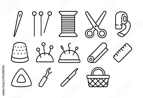 Vector Sewing tools icons: needles, scissors, threads, thimbles, and more