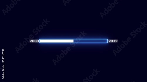 Progress bar showing the year 2038 moving towards 2039 with a luminous blue neon glow against a dark backdrop