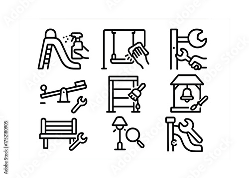 Vector Playground maintenance and repair icon set with swings, slide, and tools