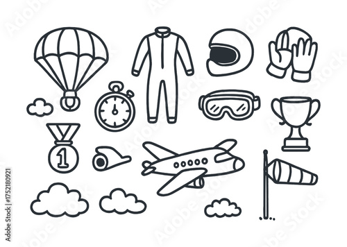Vector Skydiving equipment and airplane doodles featuring parachute and trophy