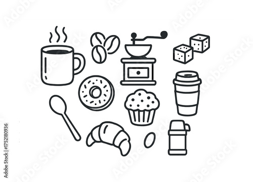 Vector Coffee and pastry icons: cup, beans, grinder, doughnut, muffin, croissant, to-go cup
