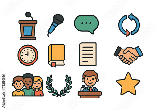 Vector Diverse communication and leadership icons set with microphone, podium, and handshake symbols