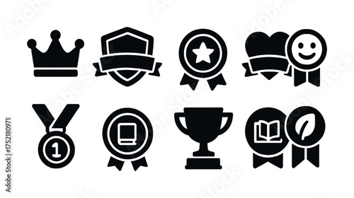 Vector Set of black award icons featuring medals, shields, and trophies