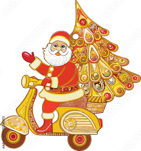 Santa Claus riding a yellow scooter with a decorated Christmas tree