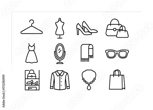 Vector Fashion icons: clothing, accessories, and style essentials in black and white