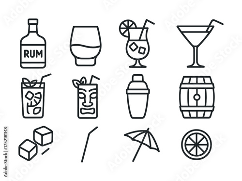 Vector Icon set of cocktail drinks and bar accessories in line art style