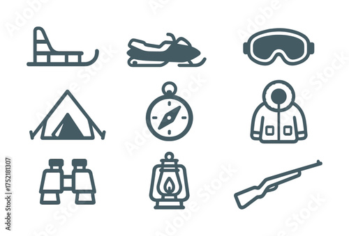 Vector Winter adventure icons: sled, snowmobile, goggles, tent, compass, coat, binoculars, lantern, rifle