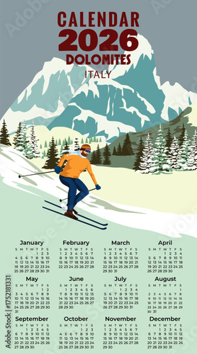 Monthly 2026 Calendar Vintage Travel poster Ski Dolomites resort. Italy winter landscape travel card