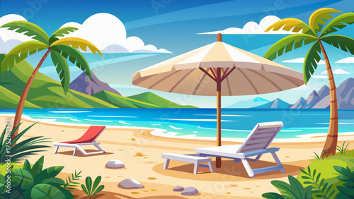 Very beautiful relaxing beach scene with soft white sand, elegant lounge beds under a wide umbrella, and a tranquil sea view evoking peace and comfort.
