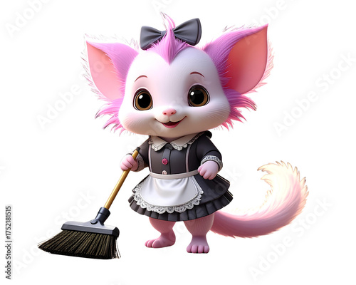  Cute Axoloti in Maid Outfit Sweeping the Floor. 3D 32k