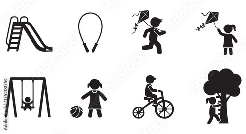 Set of childrens playground and outdoor activity icons isolated on transparent background