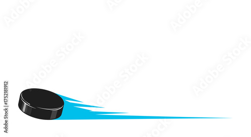 A black ice hockey puck flying at high speed with a blue motion trail.