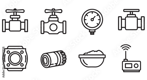 Plumbing and industrial equipment icons isolated on transparent background