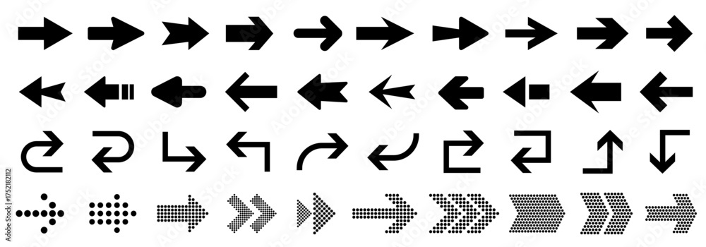 Naklejka premium Arrow and cursor icons set. Set of modern arrow icons in various styles and shapes. Minimal and bold arrow set for direction and navigation