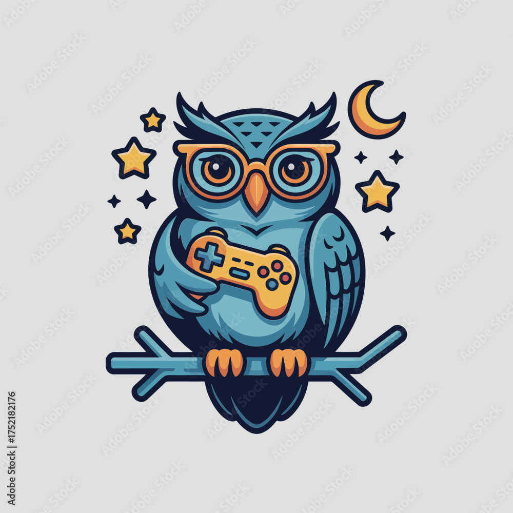 Naklejka premium Wise owl gamer with headphones holding controller, night sky moon and stars, cozy streaming mascot, playful vector illustration