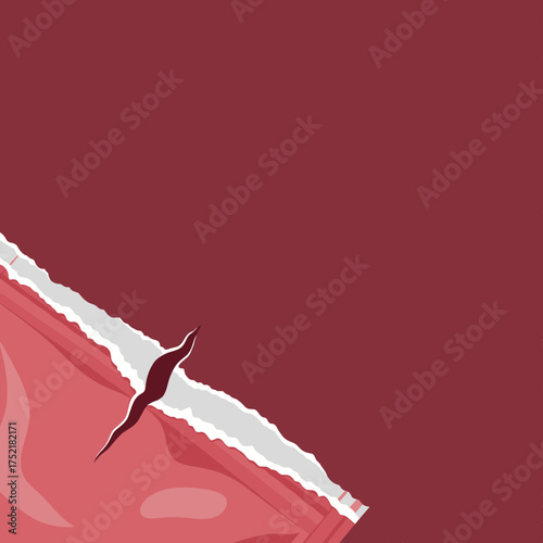 Diagonal tear in red paper revealing a hidden pink layer.