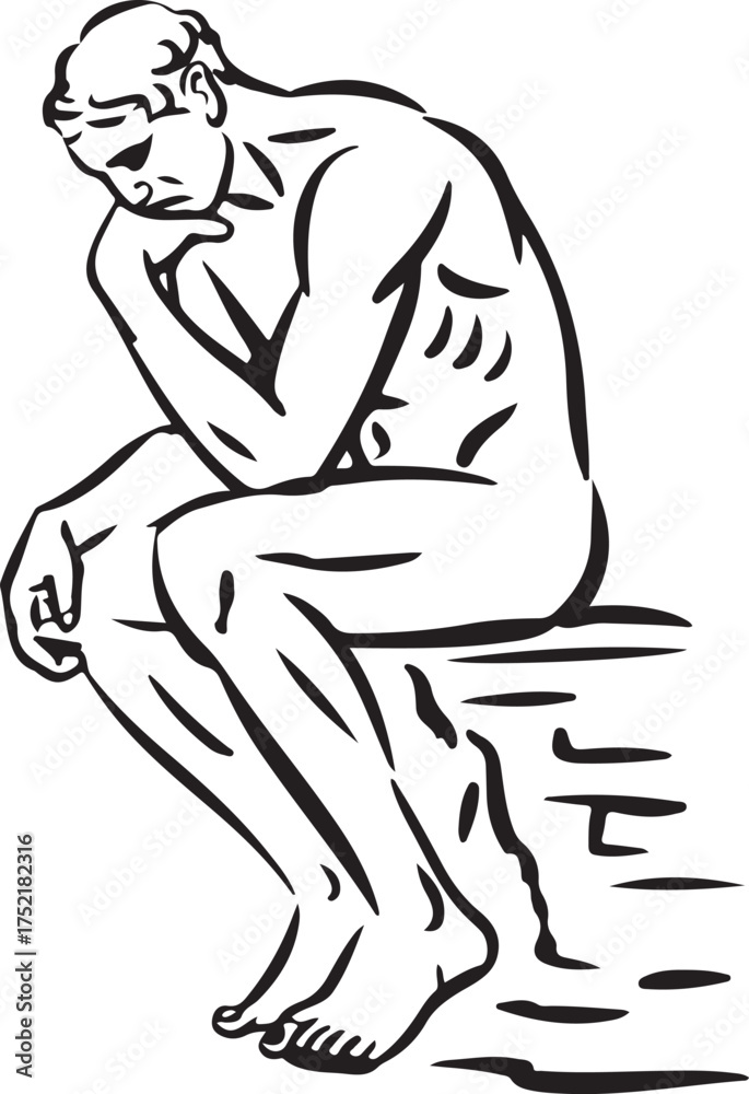 Fototapeta premium The Thinker Sculpture Line Art Illustration Philosophy Contemplation