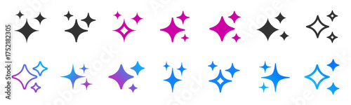 Generative Ai logo set, magic sparkle star symbol, Ai generated gradient icons, artificial intelligence stars blue logo