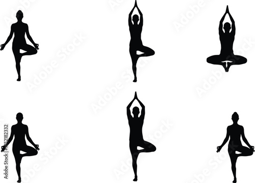 Yoga silhouette poses collection, female yoga postures, meditation and balance exercise, tree pose, lotus pose, mindfulness, black silhouette
