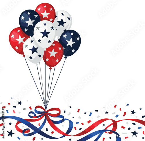 Flat vector illustration of patriotic balloons in red, white, and blue colors with stars and confetti