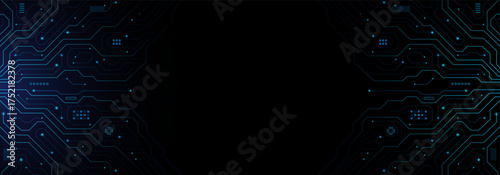 Technology web banner, circuit blue board texture on dart background, innovation futuristic processor pattern, glowing AI chip tech backdrop concept
